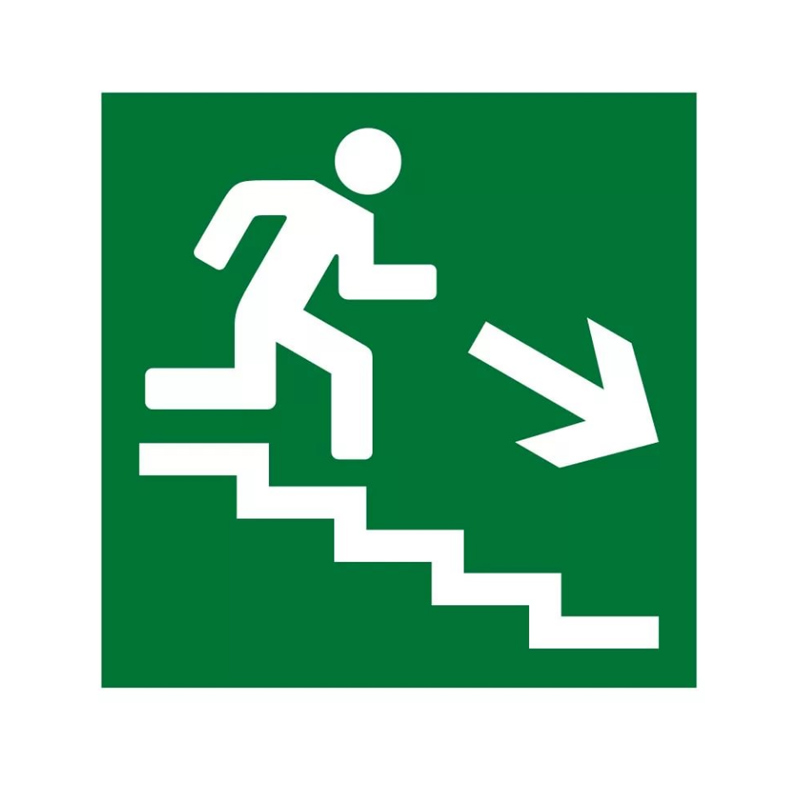 Купить Знак E13 'Направление к эвакуационному выходу по лестнице вниз, правосторонний' (Самокл. 200 х 200) в Москве